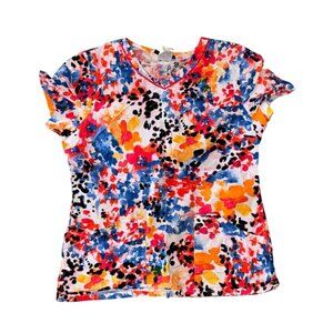 Cherokee Womens V-Neck Floral Short Sleeve Scrub Top M Multicolor